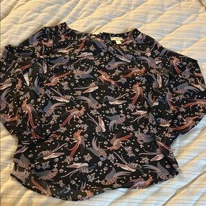 LOFT Peacock Print Lightweight Long Sleeve Blouse with Bow Neck - Sz M